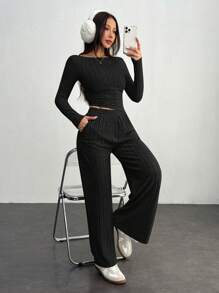 SHEIN PETITE 秋冬女装宽罗纹针织修身不对称斜下摆上衣+阔腿裤休闲舒适家居深灰色两件套 - 黑色 - 查看 4