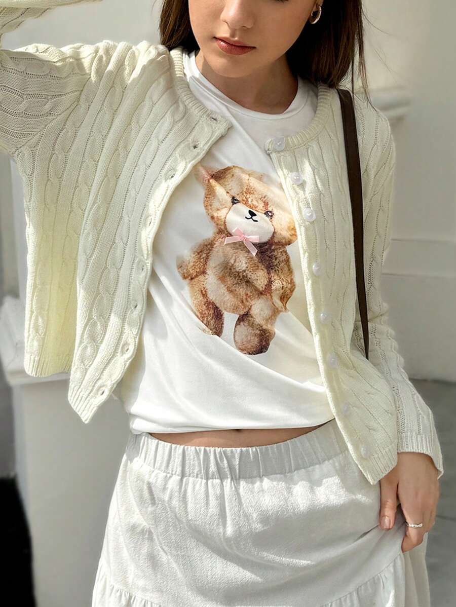 Jouncy 女士卡通熊印花圆领短袖休闲 T 恤