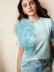 Anewsta Round Neck Short Sleeve Elegant Floral Decor T-Shirt, Summer For Valentine's Day, New Year Occasions, Date Night