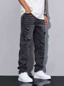 Manfinity Homme Men's Pocket Ripped Straight Leg Casual Versatile Denim Jeans - Dark Grey - View 5