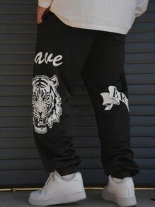 DAZY Pantaloni de trening negri pentru bărbați, cu imprimeu de cap de tigru, stil stradal - Negru - Vizualizare 1