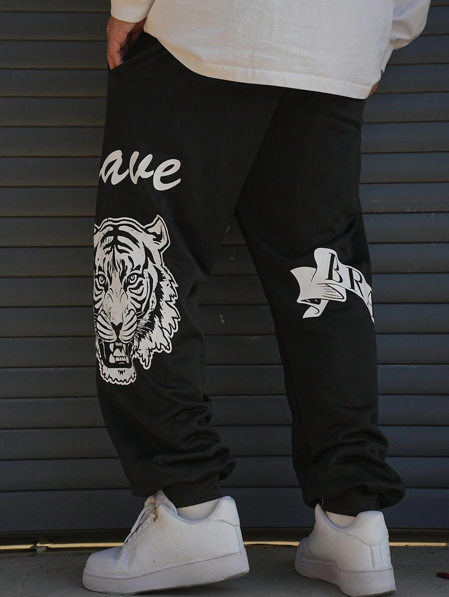 DAZY Pantaloni de trening negri pentru bărbați, cu imprimeu de cap de tigru, stil stradal - Negru - Vizualizare 1