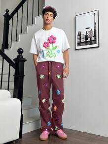 SWAVVY 1 件装 男士 Y2K 服装趣味休闲宽松时尚高街复古风格编织万圣节黑色图案裤子返校秋装