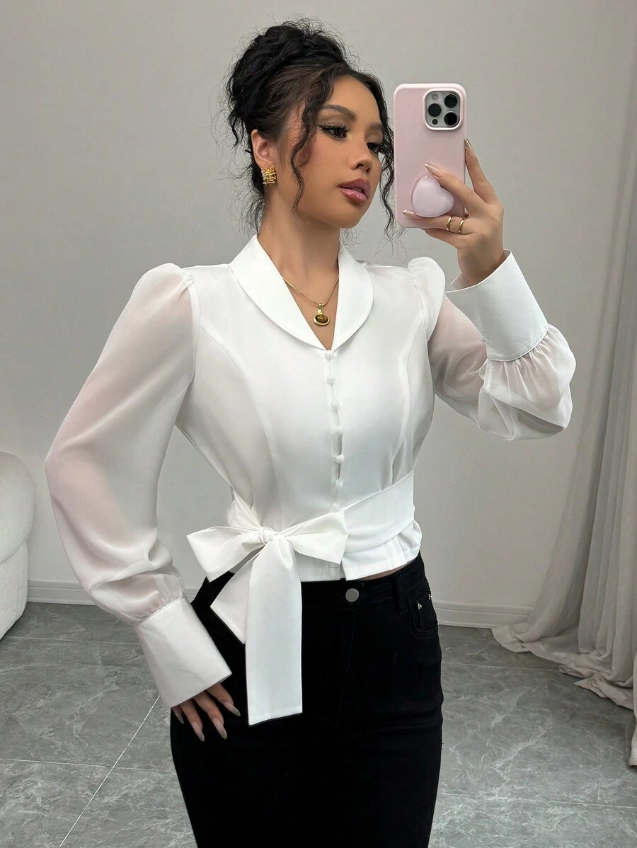 Selianne Sheer Lace Loose Unique Design Women Blouse Fall Cloth For Women - White - View 1