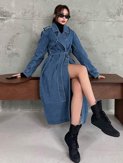 DAZY Damjacka med långärmad knytning framtill, vindjacka i denim med knytning framtill, kläder för skolan, höstkläder för kvinnor