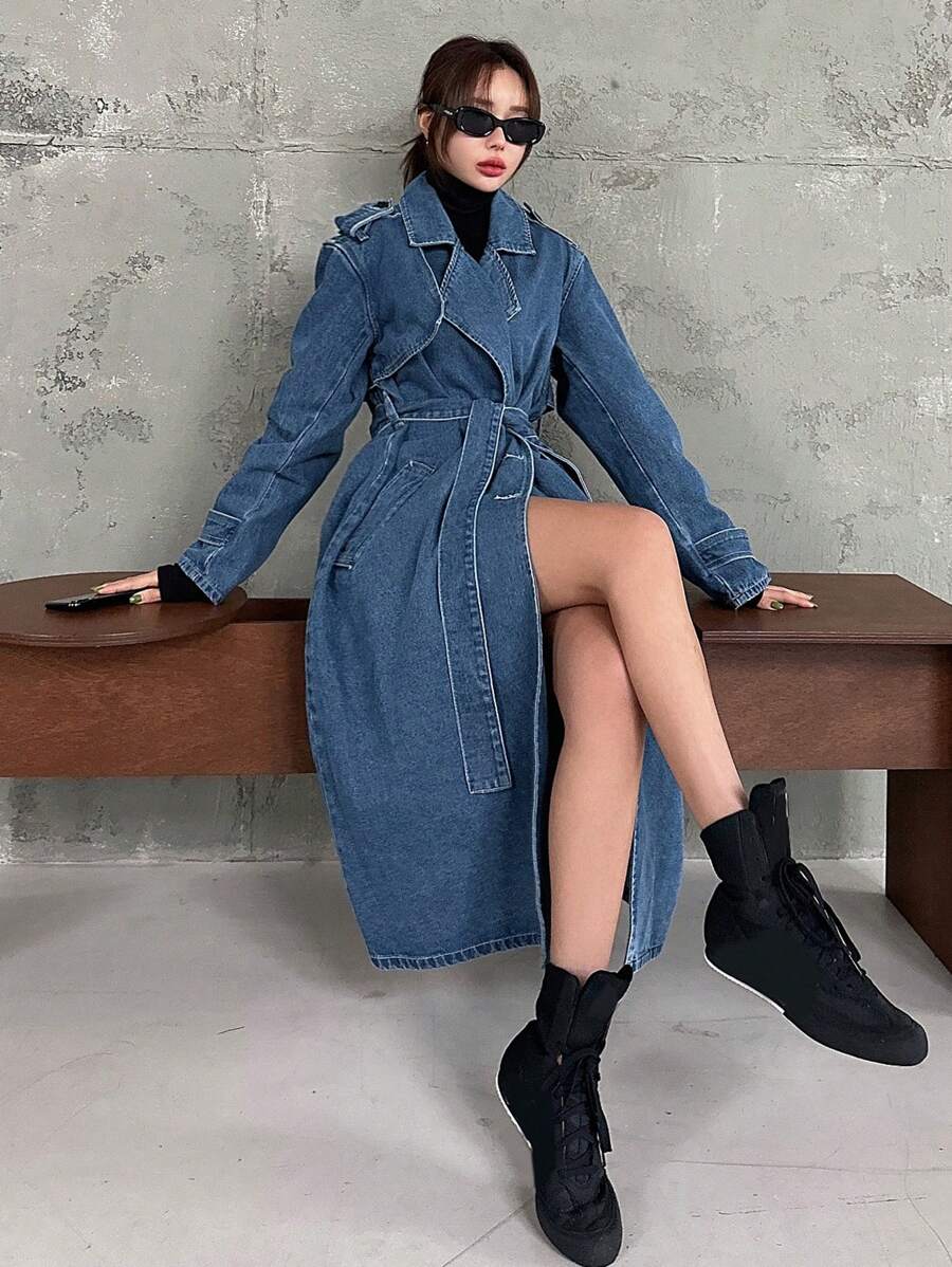 DAZY Women's Front Tie Long Sleeve Casual Denim Windbreaker,Back To School Clothes Women Jacket,Fall Women Clothes - Blue - View 1