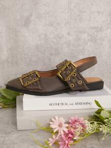 SHUZIA Sandalias planas con correa en el talón y detalles perforados, hebillas y efecto desgastado en piel sintética. Diseño llamativo, con estilo punk, ideal para vacaciones, primavera y verano, madre