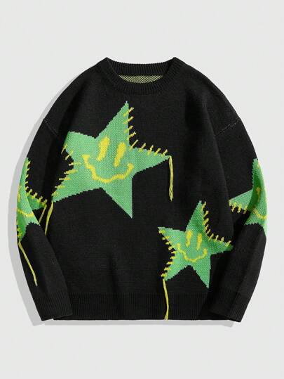 Street Life Men's Casual Young Crew Neck Long Sleeve Pullover Knitted Star Pattern Sweater, Everyday Black