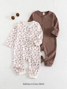 Cozy Pixies 女婴豹纹纯色柔软针织连体衣，舒适居家服，户外运动连体衣，长袖两件套，男女童均适用