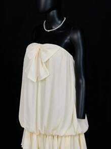 SHEIN ICON Women's Solid Color Bandeau Bow Decor Casual Holiday New Years Party Evening Women Babydoll Beige Mini Dress Valentine's Day Birthday Semi Formal Outfits