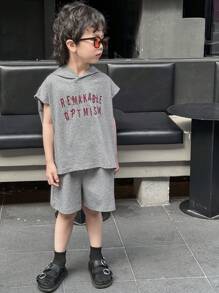 Dazy Kids 2pcs Young Boy Letter Print Detail Minimalist Hoodie And Shorts Set - Grey - View 6