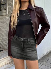 Forever 21 女士口袋装饰牛仔迷你 A 字裙 - 黑色 - 查看 7