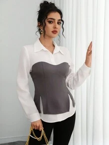 Calvaya Women's Elegant & Stylish Commuting Casual 2 In 1 Long Sleeve Color Block Shirt, For Spring, Autumn & Winter
