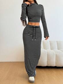 SHEIN EZwear 女式秋季立领长袖条纹短款上衣和抽绳腰长裙 2 件套，休闲 - 黑色 - 查看 2