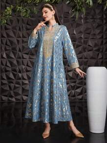 Al Najma 女士 V 领撞色蕾丝印花优雅阿拉伯连衣裙，端庄长袍 - 霧霾藍 - 查看 1