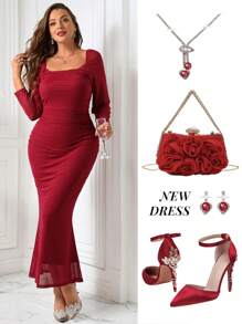 SHEIN Clasi Plus Size Women Square Neck Long Sleeve Mermaid Hem Slim Fit Elegant Dress - Burgundy - View 2