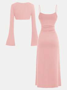 SHEIN Girlism Teen Girls Solid Color Knitted Crop Top & Bodycon Mini Dress 2pcs Set, Elegant & Sophisticated Outfit For Outing & Party Graduation Dress - Pink - View 2