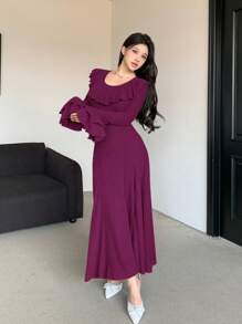 Mulvari Vestido casual de mujer de unicolor con volantes, moda minimalista para uso diario