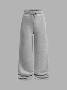 SHEIN Girlism Tween 女童休闲弹力夹克，半领拉链，V 领，紧身长袖 T 恤，搭配浅灰色针织宽松直筒运动裤 2 件套，适合秋冬日常穿着、返校、休闲场合 - 白色 - 查看 6