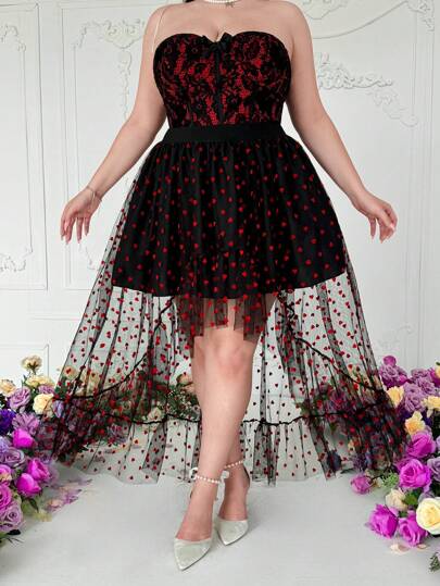 Flirla Organza Ruffled Heart Flocked Dotted Asymmetric A-Line Contrast Mesh Skirt For Women,Valentine Fall Cloth For Women