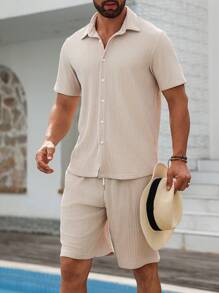 Manfinity RSRT 2pcs/Set Men's Solid Textured Fabric Button Down Short Sleeve Top And Shorts Set, Stylish Daily Casual, Vacation Shirts, Seaside Beach Vacation, Summer Shirts Casual Button Down Shirts, Gifts For Husband And Boyfriend