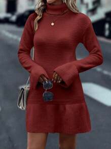 SHEIN Unity Vestido de terciopelo casual con volantes en el bajo, de color liso, sencillo y de moda para uso diario - Rojo - Ver 6