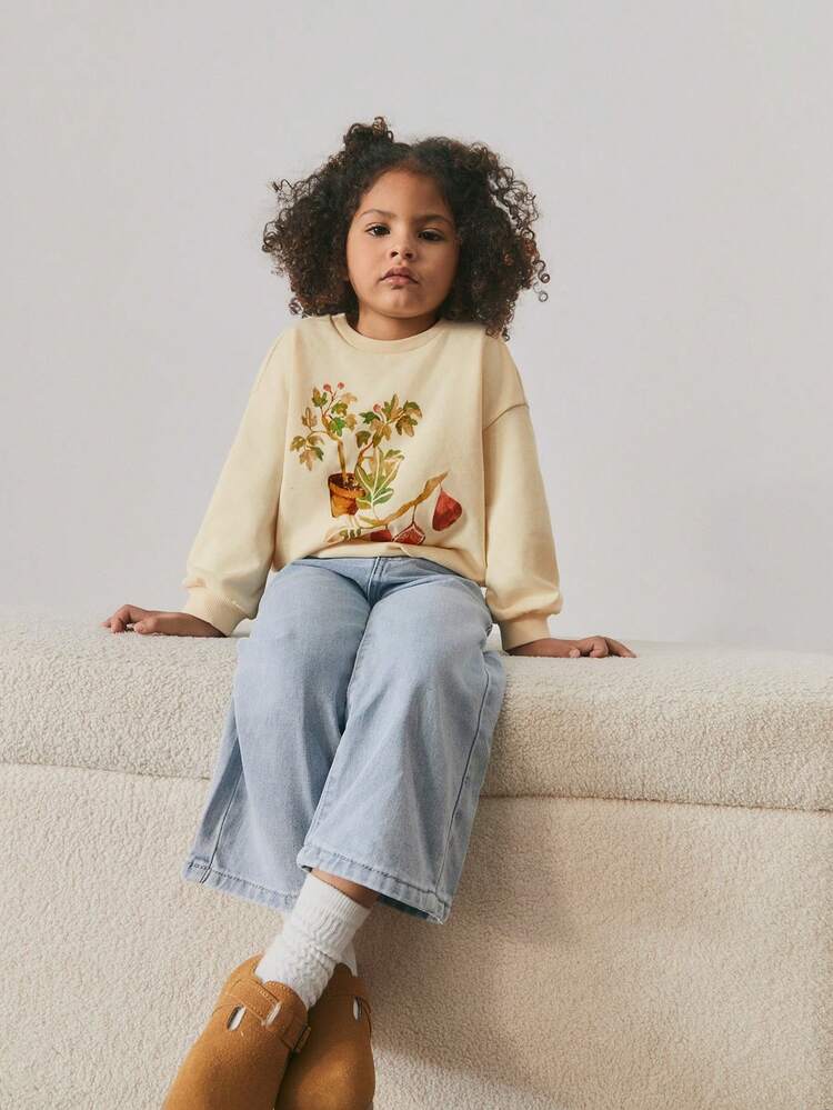 Loose Casual Round Neck Graphic Sweatshirt For Young Girls