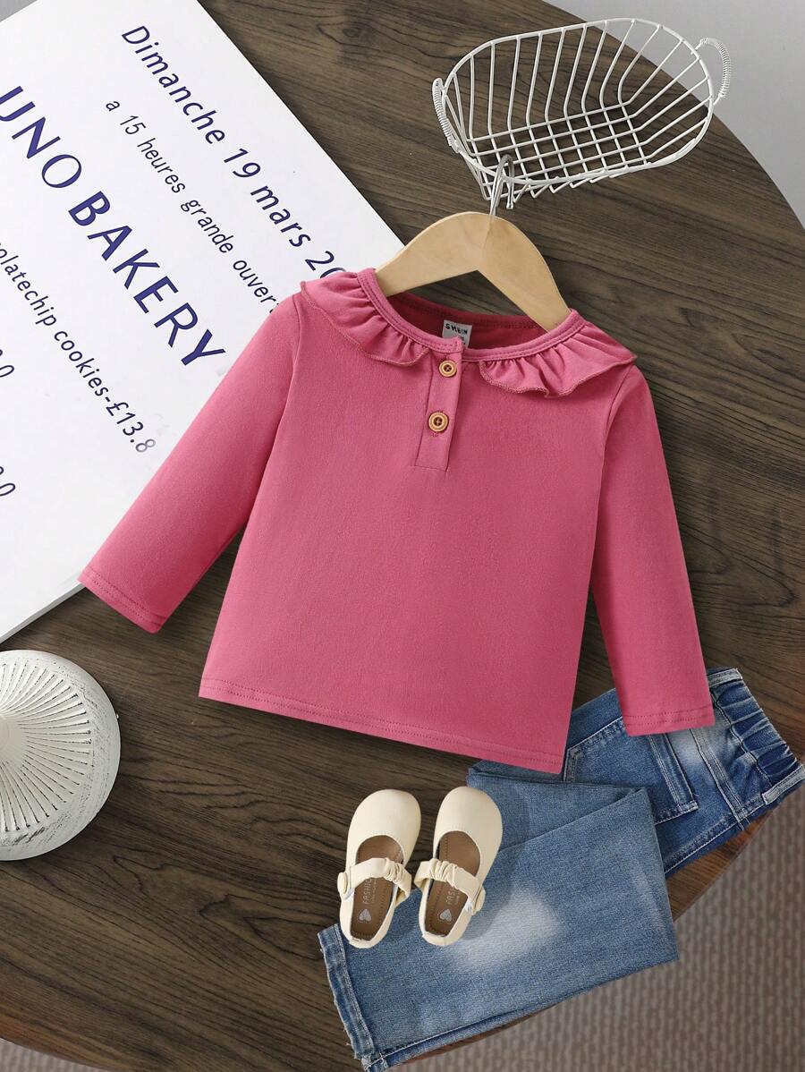 SHEIN Baby Girl Classic Bottom Ruffled Doll Shirt Long Sleeves, Details Open Button Processing, Autumn And Winter Light Fashion Wear - Burgundy - View 1