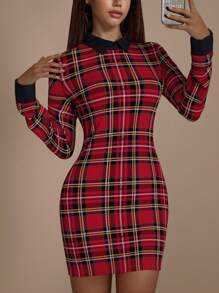 SHEIN ICON Women's Elegant Long Sleeve Collared Colorblock Plaid Dress