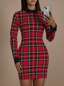 SHEIN ICON Women's Elegant Long Sleeve Collared Colorblock Plaid Dress