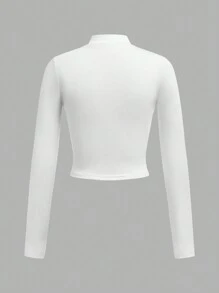 SHEIN Girlism Tween 女童休闲弹力夹克，半领拉链，V 领，紧身长袖 T 恤，搭配浅灰色针织宽松直筒运动裤 2 件套，适合秋冬日常穿着、返校、休闲场合 - 白色 - 查看 5