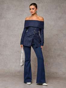 SHEIN BAE 女士休闲露肩牛仔夹克，蓝色 - 深色水洗藍 - 查看 1