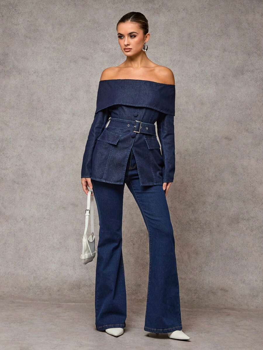 SHEIN BAE 女士休闲露肩牛仔夹克，蓝色 - 深色水洗藍 - 查看 1