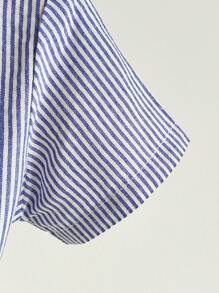 SHEIN Baby Jungen Kontrast Streifen Mode leichte Stehkragen Kurzarm Hemd + Latzhosen Gentleman Outfit Anzug, geeignet für Frühling/Sommer Ausflüge, Parkspaziergang und lässige Freizeitkleidung Zuhause - Blau - Übersicht 6