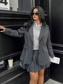 Calvaya Women's Loose Casual Blazer Jacket + Striped Simple Pleated Mini Skirt Suit Set - Grey - View 7