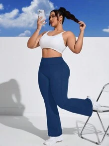 Rhythm Era Plus Size Mid/High Waisted Side Pocket Flare Leg Sweatpants Yoga Women Pants - Blue - View 6