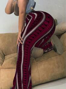 Plus Size Retro Print Slim Flared Leggings - Burgundy - View 3
