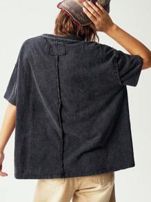 Bohemela 大码女式纯色落肩短袖口袋休闲宽松T恤 - 黑色 - 查看 7