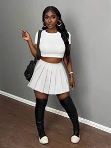 Slaydiva Váy xếp ly mini màu trơn gợi cảm cho câu lạc bộ, trường học - trắng - Xem 5