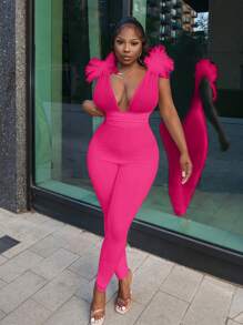 Slaydiva 2024 New Sexy Elegant White Sleeveless Mesh Splicing Exaggerated Shoulder Bandage Bodycon Jumpsuit, Perfect For Date & Holiday