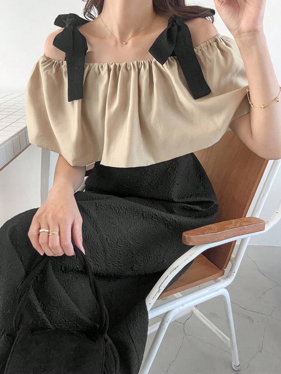 FRIFUL 女士拼色系带长裙，露肩优雅约会连衣裙，休闲女装