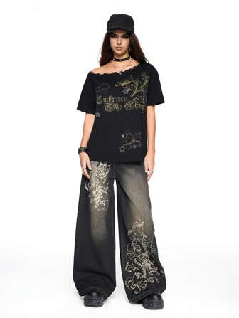 Grunge Punk Camisa de mujer estilo vintage Y2K "baddie" con parche retro de logo con enredaderas, estampado de leopardo y estrellas de rhinestones