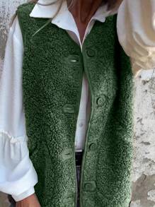 SHEIN LUNE Women Regular Fit Fleece Button Front Vest Jacket For Autumn/Winter - Dark Green - View 3