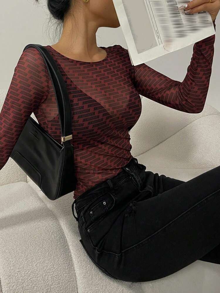 Fully Allover Print Sheer Mesh Fitted Long Sleeve Round Neck Sexy Blouse For Women, Spring/Summer