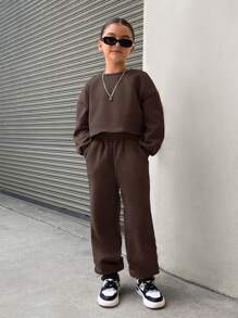 SHEIN Leap Crew Tween 女童宽松复古短款圆领运动衫和运动裤 2 件套，纯色运动休闲 - 棕色 - 查看 6