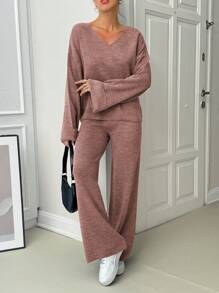 EURMUSE Women V-Neck Flare Sleeve Detailed Sweater And Pant Set - Dusty Pink - View 5