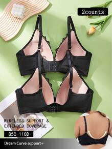 Wedaily 2 pièces Ensemble de soutien-gorge sans fil à empiècement en dentelle grande taille - Noir - Voir 4