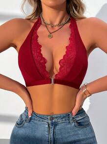 Seduluxe Áo ngực ren vá lãng mạn đóng phía trước tối giản dành cho nữ, mặc thường ngày - Màu Đỏ Sâu - Xem 4
