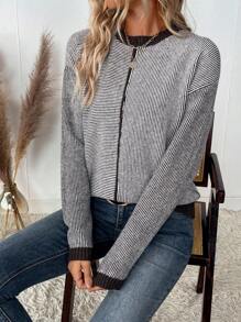 SHEIN LUNE Women's Casual Crew Neck Colorblock Striped Patchwork Pullover Sweater Knit Pullover Fall Winter - Coffee Brown - View 1