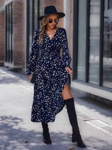 SHEIN LUNE 女士花卉印花 V 领荷叶边长袖优雅连衣裙，秋季 - 藏蓝色 - 查看 3